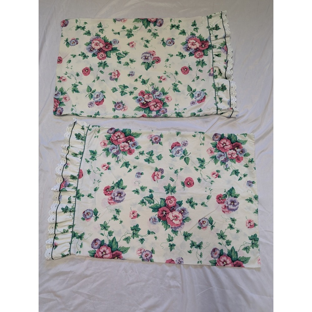 Waverly Garden Room Pretty Pansy Standard Pillowcase Eyelet Ruffles USA Set 2